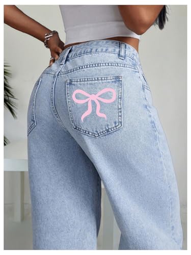 MakeMeChic Women's High Waist Denim Pants Bow Wide Leg Baggy Y2K Jeans Trousers with Pocket3