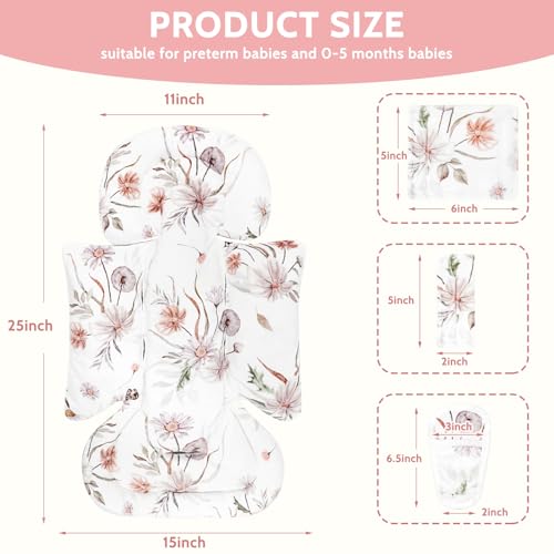 Image of Infant Car Seat Insert and Strap Covers, Very Soft Car Seat Head Support Baby Girl Boy, Reversible Newborn Carseat Insert Cushion Fits for Stroller, Baby Swing, Bouncer (White Flower)