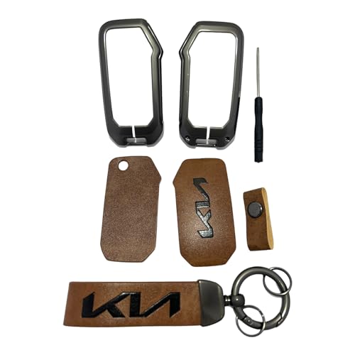 Image of Zinc Metal Alloy Leather Car Key Cover & Case Brown with Keychain & Holder Compatible for KIA Seltos, Sonet, Carens (3 Button Flip Key)
