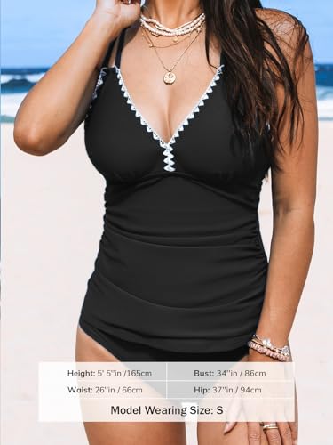CUPSHE Women's Tankini Set Two Piece Bathing Suit Tummy Control Crisscross Back Tie Mid Rise Ruched, M Black - Image 5