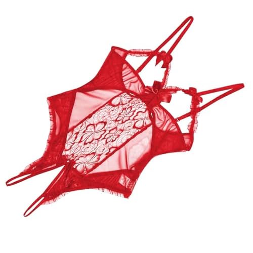 Women’s Lace Teddy Lingerie - Royal Blue Strappy Bodysuit, Floral Embroidery, Adjustable Straps, Bow (S-XXL) Small Red