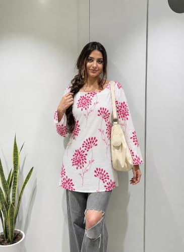 Image of SONISHA Women's Rayon Floral Print Short Kurti for Women Elegance Square Neck, Long Sleeves with Style Criss Cross Back Kurti, Top for Office Wear, Casual, Outdoor