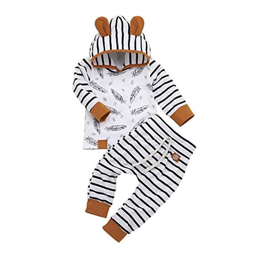 BBSMILN Ropa Bebe Niña Niño Otoño Invierno 0 a 3 6 12 18 24 Meses de Recién Nacido - Pluma Sudadera con Capucha de Manga Larga + Pantalones a Rayas - 2PC / Conjuntos