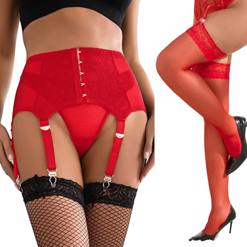 Medias encaje 20 den con liguero rojo contra rozaduras 4XL