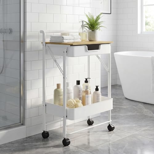 HOMCOM Carrito Auxiliar con Ruedas de 2 Niveles Carro de Cocina con 1 Cajón y 1 Cesta Carrito Organizador para Dormitorio Salón Oficina Blanco - imagen 9