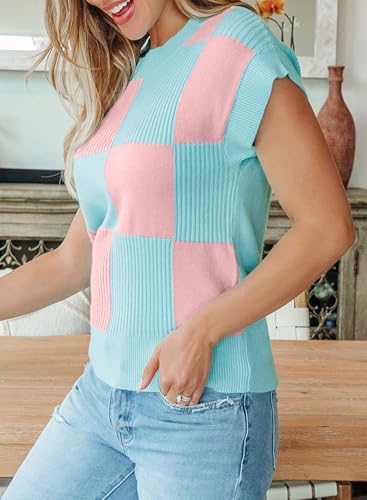Image of EVALESS Short Sleeve Sweater for Women Crewneck Color Block Knit Tops 2026 Summer Trendy Cap Sleeve Sweater Vest