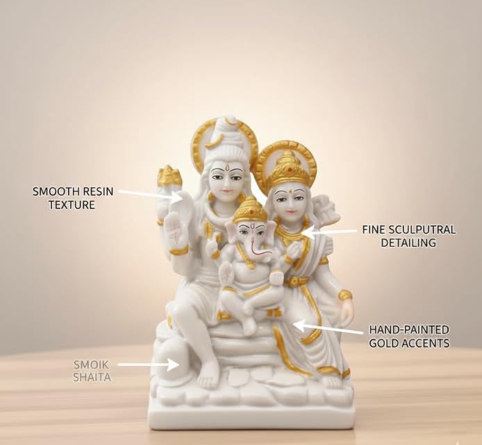 Image of Divine Shiva Parvati Ganesh Marble Look Shiv Parivar Idol for Home Mandir Pooja Office Decoration and Gifting