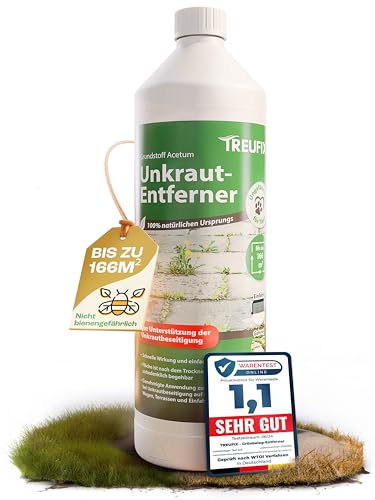 Treufix Konzentrat zur Unkrautentfernung Grundstoff Acetum Ohne Glypohosat biologisch abbaubar - zur Unterstützung bei Unkrautbeseitigung auf Pflastersteine, Gartenwege,Terrasse & Einfahrt 1L