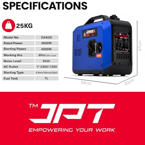 Image of JPT GENWORX 1000W Inverter Generator, 1.0KW Rated, Portable Petrol Generator, Pure Sine Wave for Camping, RV, Outdoor, and Emergency Backup Power