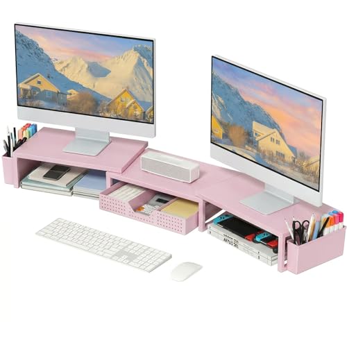 OPNICE Desk Organizers and Accessories Dual Monitor Stand Riser with Drawer and 2 Pen Holders Desk Shelf Metal Computer Racks for Office Workspace Organizers Desktop Organization (Pink Metal)