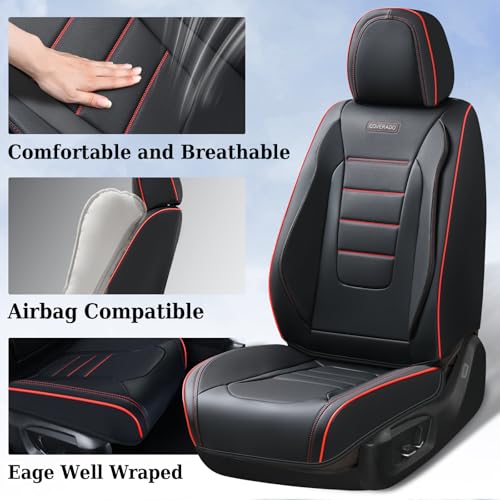 Image of Coverado Seat Covers Full Set, Seat Covers for Cars, Car Seat Cover, Car Seat Protector, Nappa Leather Car Seat Cushion, Waterproof Car Seat Covers Front Seats and Back Fit for Most Cars (Redline)