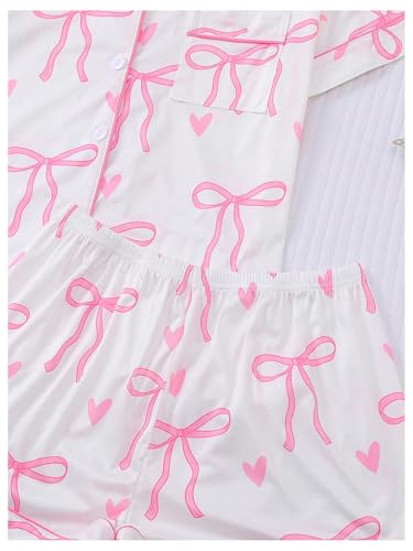 Image of SHENHE Women's 2 Piece Pajama Set Bow Graphic Button Down Short Sleeve Lapel Shirt Pj Short Set