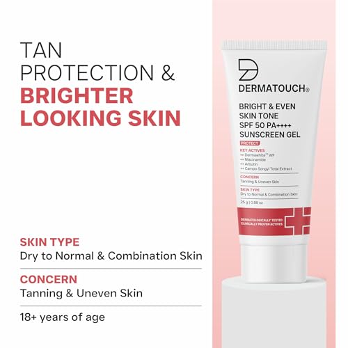 Image of DERMATOUCH Bright & Even Skin Tone SPF 50 PA++++ Sunscreen Gel with Dermawhite WF, Niacinamide, Arbutin | Help Reduce Tanning & Uneven Skin Tone | Broad Spectrum UV Protection | Lightweight Gel | 25g