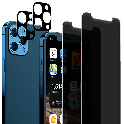 QUESPLE 4 Pack Compatible with iPhone 12 Pro (Not for iPhone 12) - 2 Pack Privacy Tempered Glass Screen Protector and 2 Pack Glass Camera Lens Protector, Anti Spy Bubble Free Case Friendly