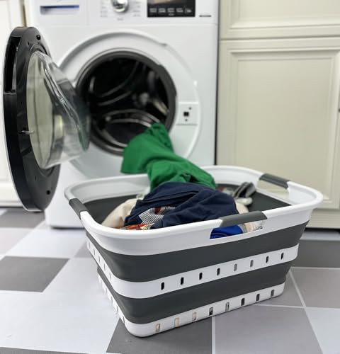 SAMMART Collapsible Plastic Laundry Basket - Foldable Pop Up Storage Container/Organizer - Portable Laundry Hamper - Space Saving (Weiß/Stahlgrau, 42L)