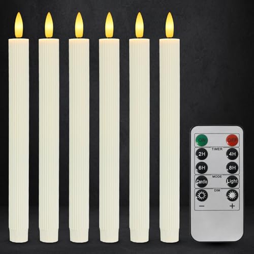 Dixmas 6 Stück LED Stabkerzen mit Fernbedienung Flammenlose Tafelkerzen mit Timerfunktion LED Kerzen Perfect für Weihnachten Streifenmuster Warmweiß