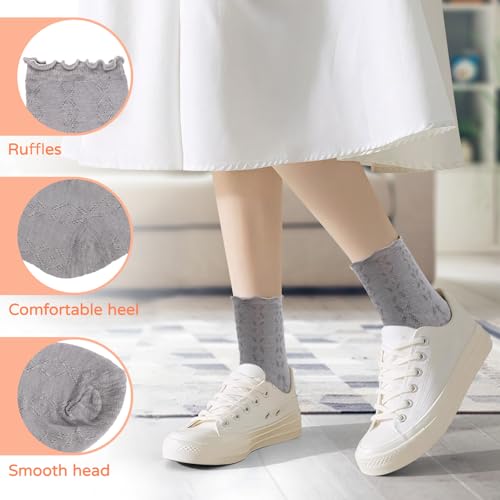 8 Pcs Ruffle Mesh Crew Socks for Women, Breathable Knit Pattern Frilly Socks (US 5-9)4