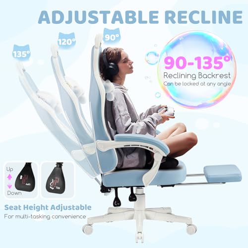 Image of Gaming Chairs, Comfy Video Game Chair for Adults with Cat Ears Pocket Spring Cushion Massage Lumbar Support & Headrest, Ringing Accessories Cute Leather Ergonomic Computer Chair for Girls, Blue /White