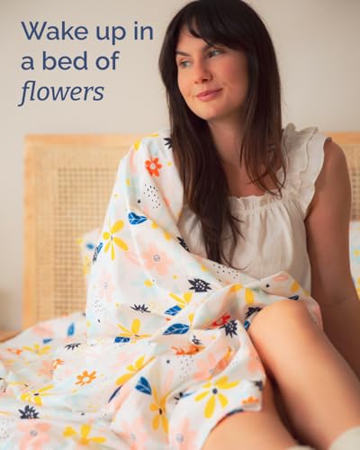Image of King 4 Piece Floral Sheet Set - Soft, Breathable & Cooling - Daisy Art | 1 Flat, 1 Fitted & 2 Pillowcases w / Deep Pockets, Boho Botanical Floral Bedding, Breathable & Cooling, Wrinkle & Fade Free