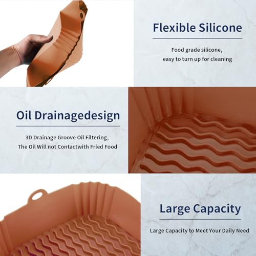 9 Inch Large Air Fryer Silicone Liners - 2 PCS Square Reusable AirFryer Basket Liners for 5-8QT Air fryer, Air fryer Accessories for Baking Roasting Microwave (Black + Brown)