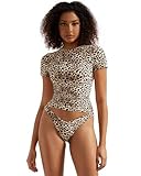 SUUKSESS Women Double Lined Fitted Basic Tee Shirts Crew Neck Short Sleeve Y2K Going Out Crop Tops (Cheetah, M)