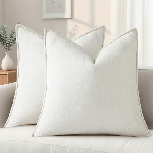 decorUhome Chenille Cream White Velvet Throw Pillow Covers 16x16 Set of 2