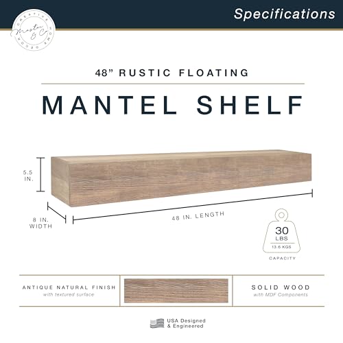 Image of MCS 48-Inch Mantel, Master & Co Antique Natural Finish Solid Wood Floating Fireplace Mantel, Long Floating Shelf for Livingroom with Wood Cleat Hanging System, Photo and Home Decor Display Shelf