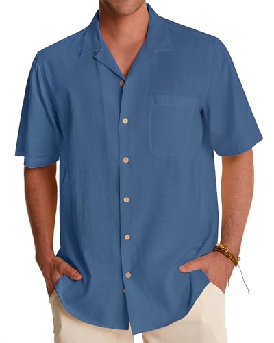 Image of Alimens & Gentle Mens Linen Shirts Cotton Hawaiian Shirts Short Sleeve Button Down Shirts Casual Summer Beach Tops
