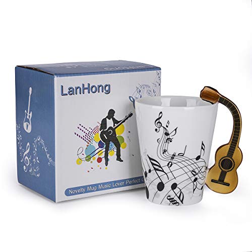 LanHong - 13.5 oz Musical Notes Design Guitar Mug Drink Tea Milk Coffee Mug Music Ceramic Cup Gift for Friend (Wood)