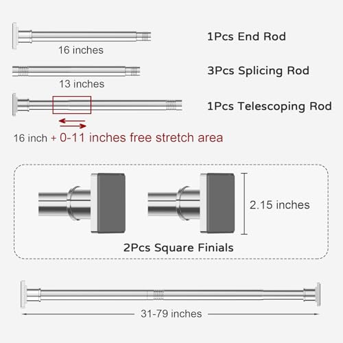 Image of UIOSANRT Stainless Silver Shower Curtain Rod 31-79 Inches Non-Slip Shower Rod Tension Mounted No Drill Shower Curtain Rods Spring Tension Rod Adjustable Tension Curtain Rod for Windows Bathroom