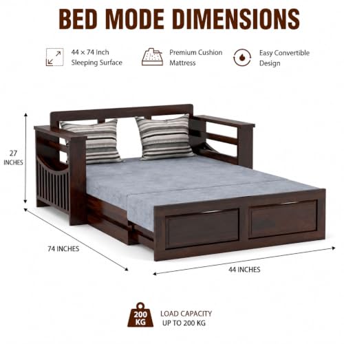 Image of Douceur Furnitures Solid Sheesham Wooden 2 Seater Sofa Cum Bed with Mattress & Cushions,Wood Foldable Convertible Sofa Diwan Cum Bed for Living Room and Bedroom, Walnut Finish