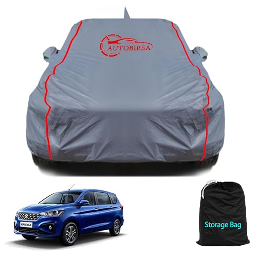 Image of Waterproof Car Body Cover Compatible with Maruti Ertiga with Mirror and Antenna Pocket, Triple Stitched (Heat Resistant US Grey with Red Piping)
