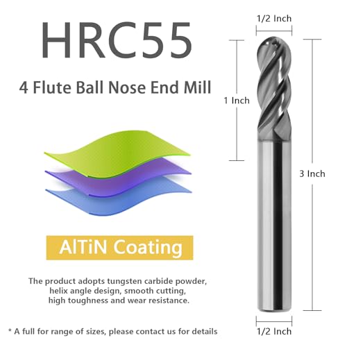Image of 1 /2 inch Ball Nose Carbide End Mill 4Flutes Carbide Milling Cutter HRC55 CNC Router Bits with AlTiN Coated for Alloy Steel