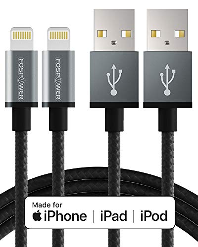 FosPower [2 Pack, 6 FT] Apple MFi Certified Lightning to USB Cable [Nylon Braided | Full Speed Charging] Compatible with Apple iPhone SE 2020 / 11 / 11 Pro / 11 Pro Max, iPad 10.2 inch 2020 (Gray)