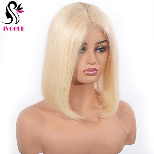 Short European Human Hair Bob Wigs Glueless Full Lace Front Wigs for Women Blunt Bob Cut #613 Lightest Blonde (14inch, Lace Front Wig)