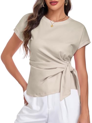 Image of HOTIAN Womens Cap Sleeve T Shirts 2026 Tie Waist Wrap Tops Crew Neck Blouses Dressy Casual Loose Work Business Dressy