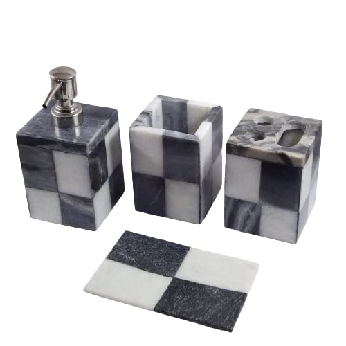 A ONE DESIGN Luxury Black White Marble Bathroom Set – 4-Piece Elegant Bath Accessory Set with (Soap Dispenser, Tumbler, Soap Dish, Brush Holder)