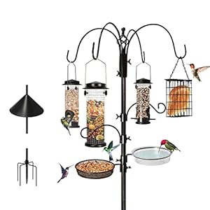 6-Hook Bird Feeding Station, Steel Multi-Feeder Kit Stand for Attracting Wild Birds w/ 4 Bird Feeders, Bird Bath, Mesh Tray and Squirrel Guard Baffle,94 Inch