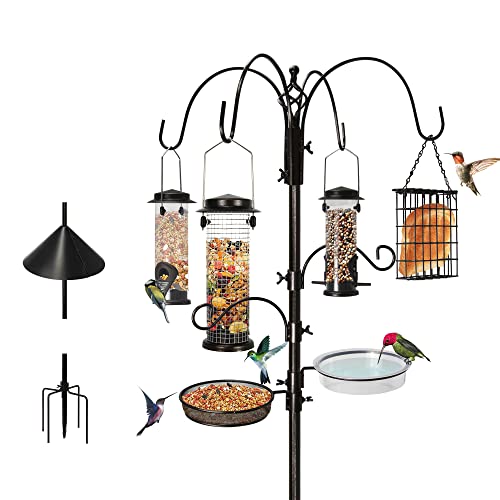 6-Hook Bird Feeding Station, Steel Multi-Feeder Kit Stand for Attracting Wild Birds w/ 4 Bird Feeders, Bird Bath, Mesh Tray and Squirrel Guard Baffle，94 Inch