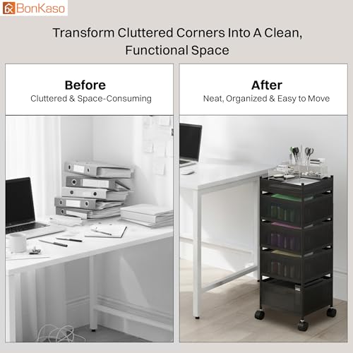 Image of BonKaso 5-Layer Square Multipurpose Kitchen Trolley with Swivel Storage Basket & 360 Rotating Wheels, Black Steel Frame, Easy Mobility, Space-Saving and Durable