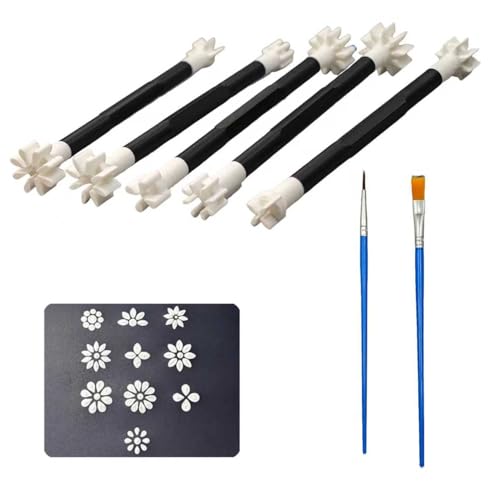 7 Pack Flower Petal Dotting Tools Set Mandala Dot Art Tools for Rocks Painting Ceramic & Glass Includes 10 Different Embossing Tips for DIY Decorating Cakes and Cookies (6 Inch)