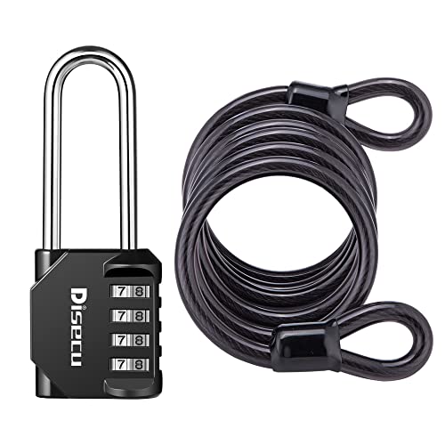 Image of 1 Pack disecu 4 Digit Combination Lock, 2.6 Inch Long Shackle Outdoor Waterproof Padlock with Heavy Duty Steel Cable for Bike, Gate, Fence (Black)