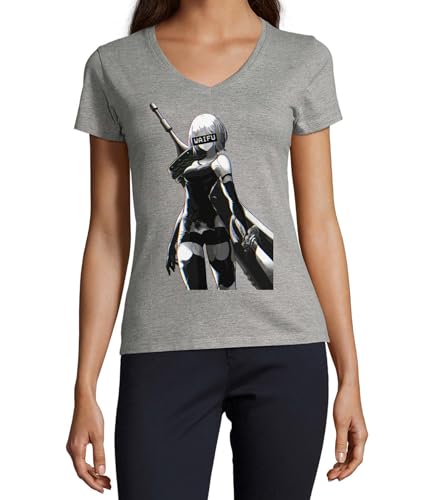 T-shirt col en V en coton gris femme Anime 168 doux qui ne se déforme pas