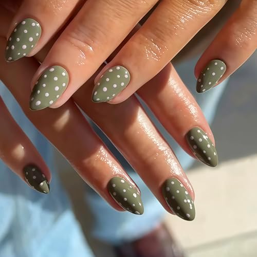 SXVME Light Green Press On Nails Almond, Polka Dot Press On Nails Short Stiletto, Fake Nails with Designs, Cute White Polka Dot Nail Press ons, Reusable Glue On Nails for St. Patrick's Day, 30 Pcs