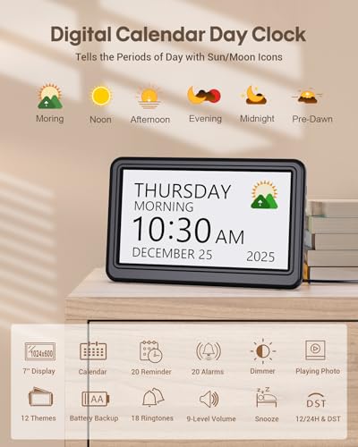Image of Clock with Day and Date for Elderly, 7 inch Large Display Digital Calendar Day Clock with 20 Custom Alarms and Medicine Reminders, Dimmable Dementia Alzheimers Clocks for Seniors, Black (Ac Powered)