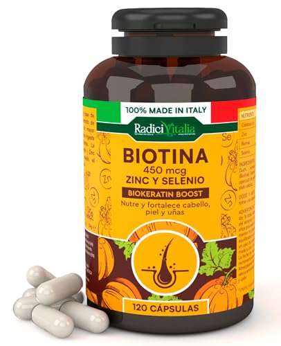 Biotina Zinc Selenio 450mcg Vitamina B7 Complemento Alimenticio Crecimiento Cabello Uñas Fuertes y Piel Sana 120 Cápsulas con Extracto Calabaza 4 Meses de Tratamiento RadiciVitalia Made in Italy