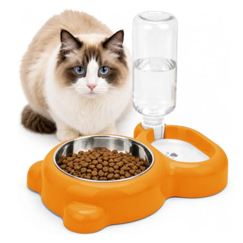 SUNGO 2-in-1 Dog Cat Bowl, Cat Food and Water Bowl Set, Orange