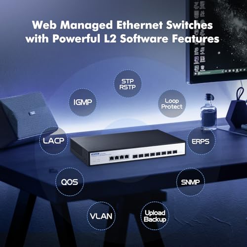 Image of 12 Port 10Gbps Managed Switch, 8 x 10G SFP+ Slots, 4 x 10G RJ-45 Ports, Support 10G /5G /2.5G /1000M Auto-Negotiation, YuLinca Smart Web Managed Rackmout Switch