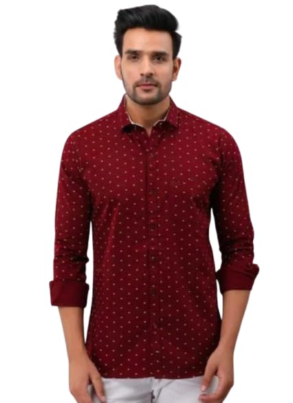 Men's Maroon Polka Dot Printed Casual Shirt, Long Sleeve, Cotton Blend