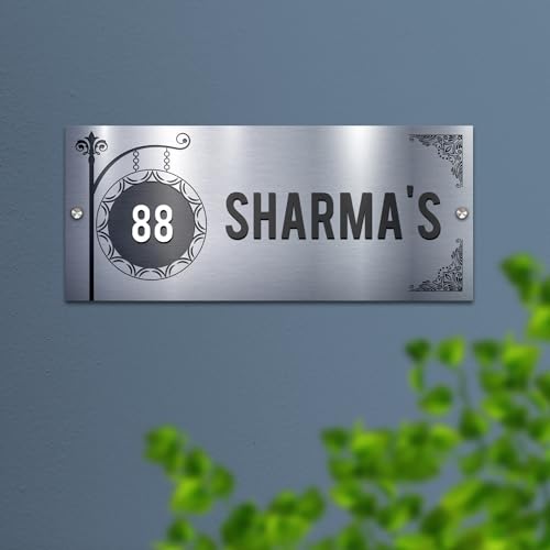 Image of BEE CREATIVE Customise Name Plate for Home Entrance (Timeless Silver) | Modern Wooden Name Plate for Main Door, Outdoor Name Board, Stylish Design for Flats, Apartments